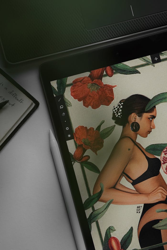 A digital artwork featuring a woman surrounded by flowers displayed on a tablet.