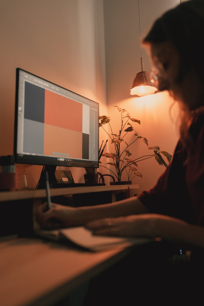Designer working on graphics in a cozy, warm-lit home studio with a computer.